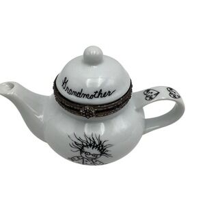 Grandmother Mini Teapot Trinket Box White Hinged Lid Heart Handle
